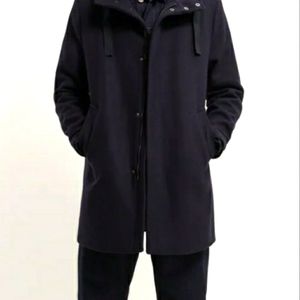 Dark Navy Blue Hooded Wool Coat